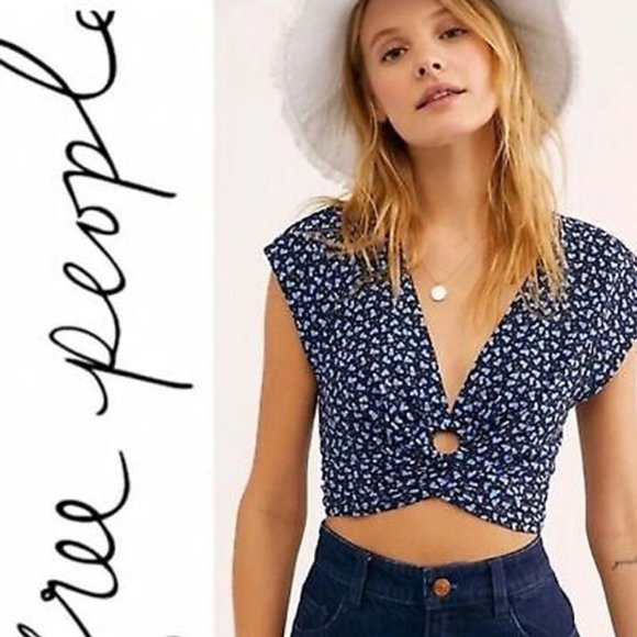 Free People Tops - Free People Havana Honey V-Neck Linen Blend Crop Top L Heart Print Midnight Blue
